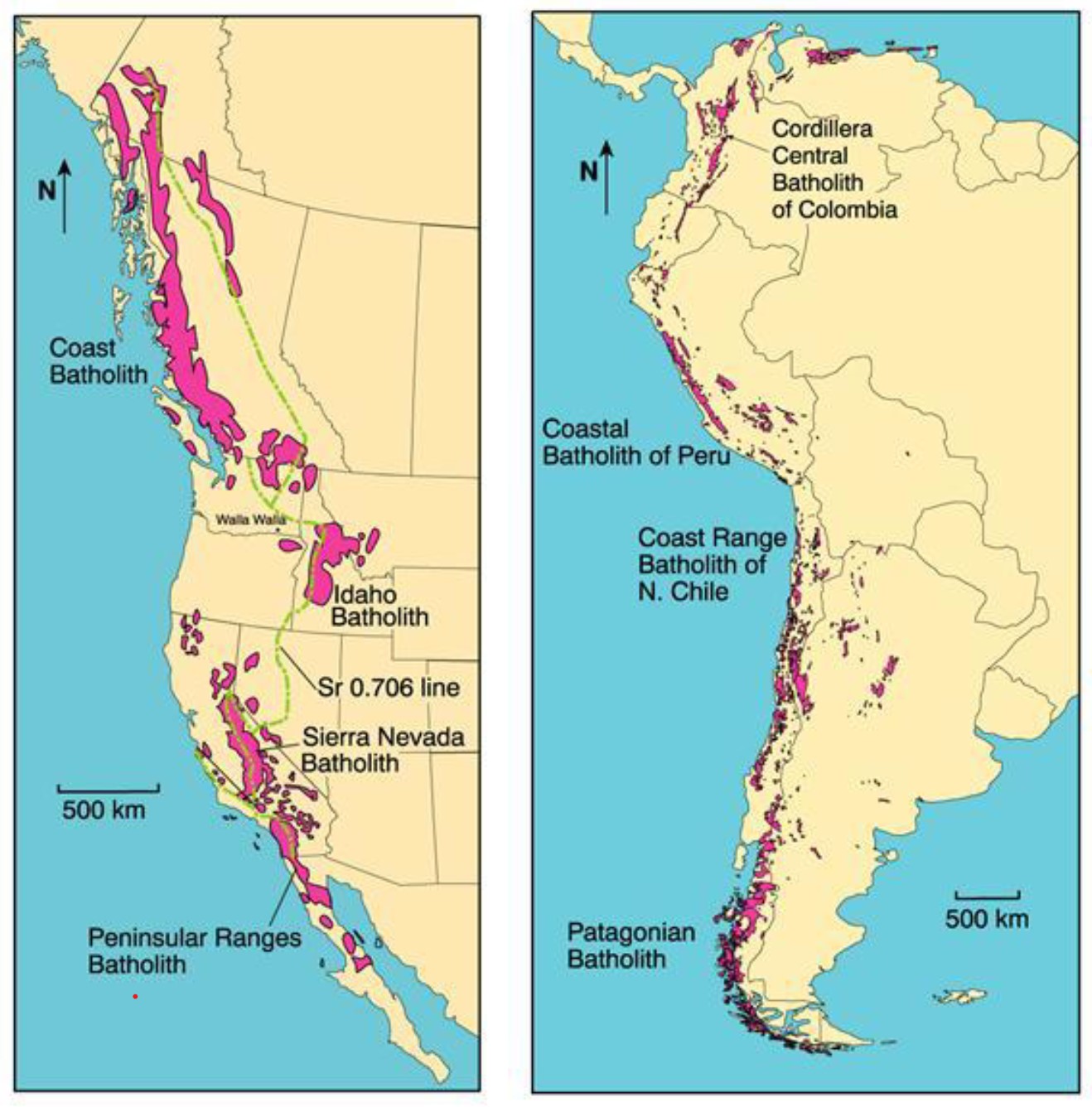 Major plutons of the North American Cordillera (left) and of the South American Cordillera (right), principal segments of a continuous Mesozoic-Tertiary belt from the Aleutians to Antarctica. Reproduced from Winter, An Introduction to Igneous and Metamorphic Petrology